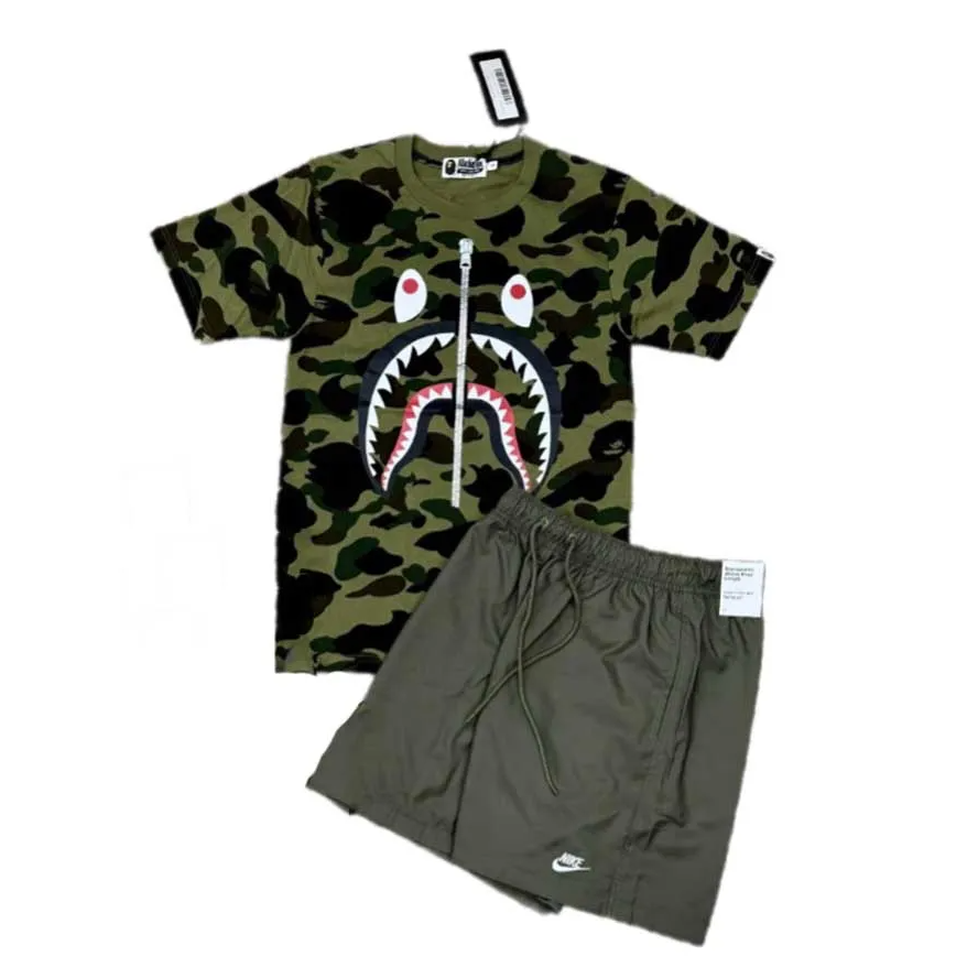 Set Bộ Quần Áo Cộc Tay Nam Nike Bape Shark Embroidery Style Màu Camo Xanh Rêu Phối Đen