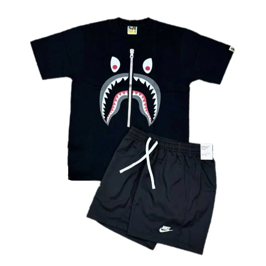 Set Bộ Quần Áo Thể Thao Cộc Tay Nam Nike Bape Shark Embroidery Style Màu Đen Form Á